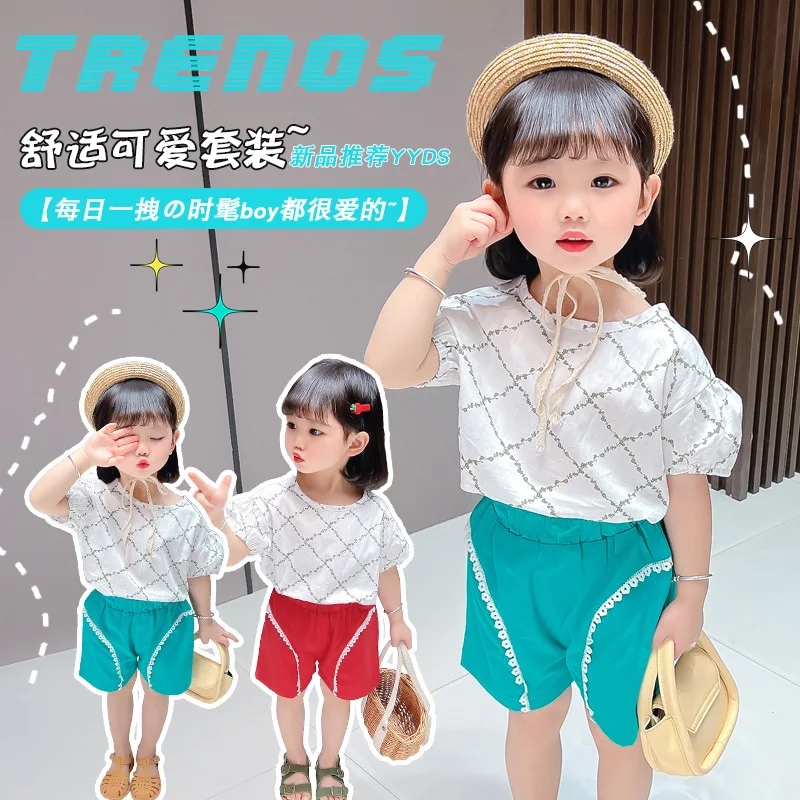 

2022 new of girls summer clothes thin round neck T-shirt children clothes little girl foreign style short-sleeved shorts suit