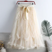 korean fashion skirt for women spring 2022 new bow belt fungus puffy mid length big hem a line jupe femme apricot white