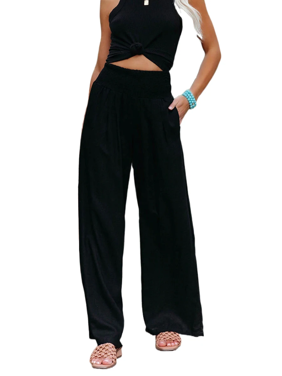 

Women s Linen Wide Leg Pants Elastic High Waist Smocked Trousers Baggy Lounge Palazzo Pants with Pockets