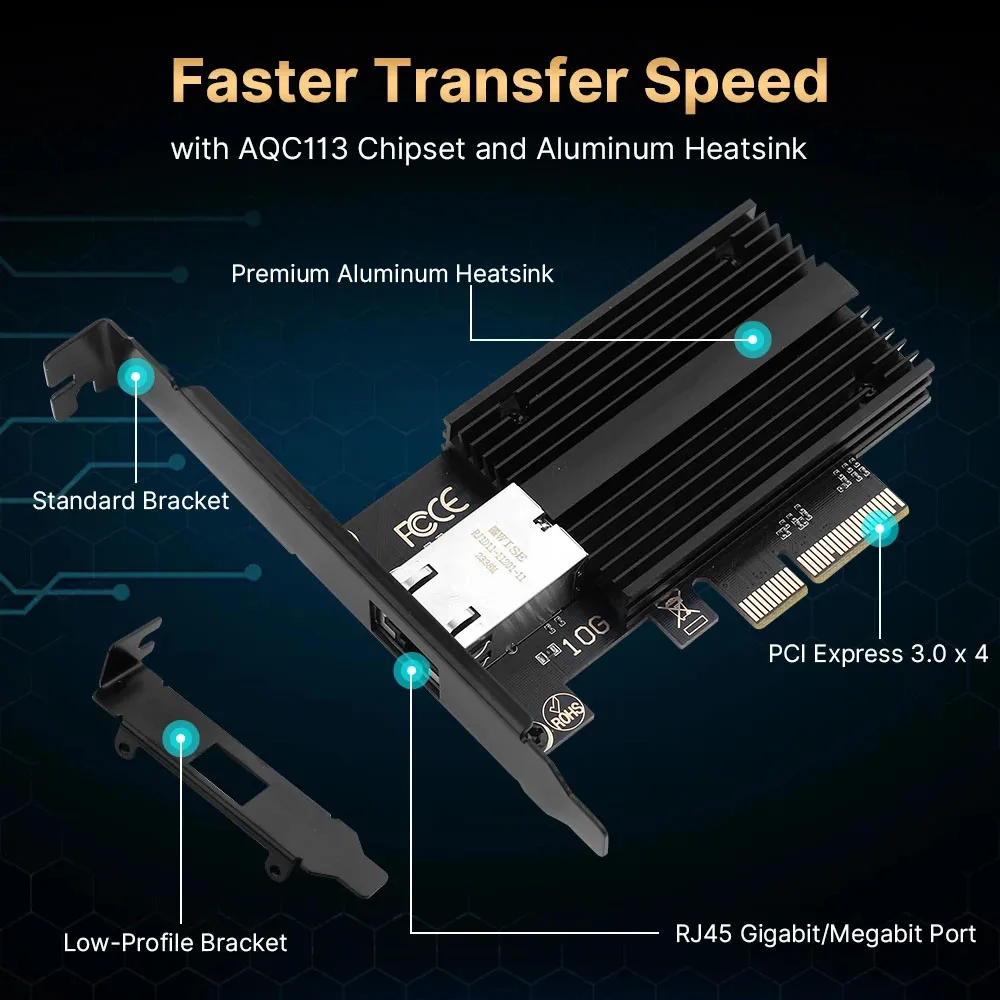Сетевая карта PCIe на RJ45 10 Гбитс AQC113C 1G 2.5G 5G 10G Гигабитный Ethernet адаптер LAN PCI Express для настольного ПК с Windows 1011 (art.: 3920dd06c19ae) - 3920dd06c19ae