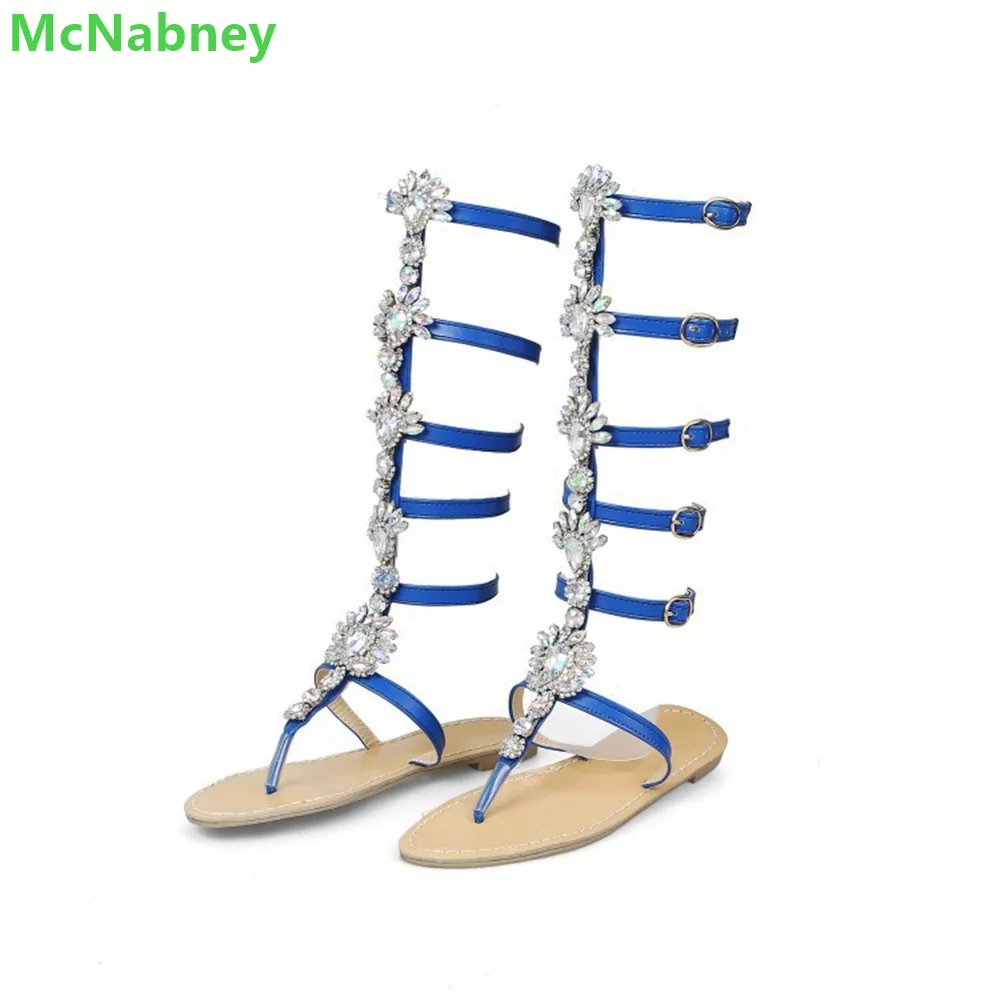 Calf Rhinestone Flip Flop Sandals Narrow Band Flat With Buckle Strap Round Toe Solid Sexy Luxury Designer Summer Shoes For Women