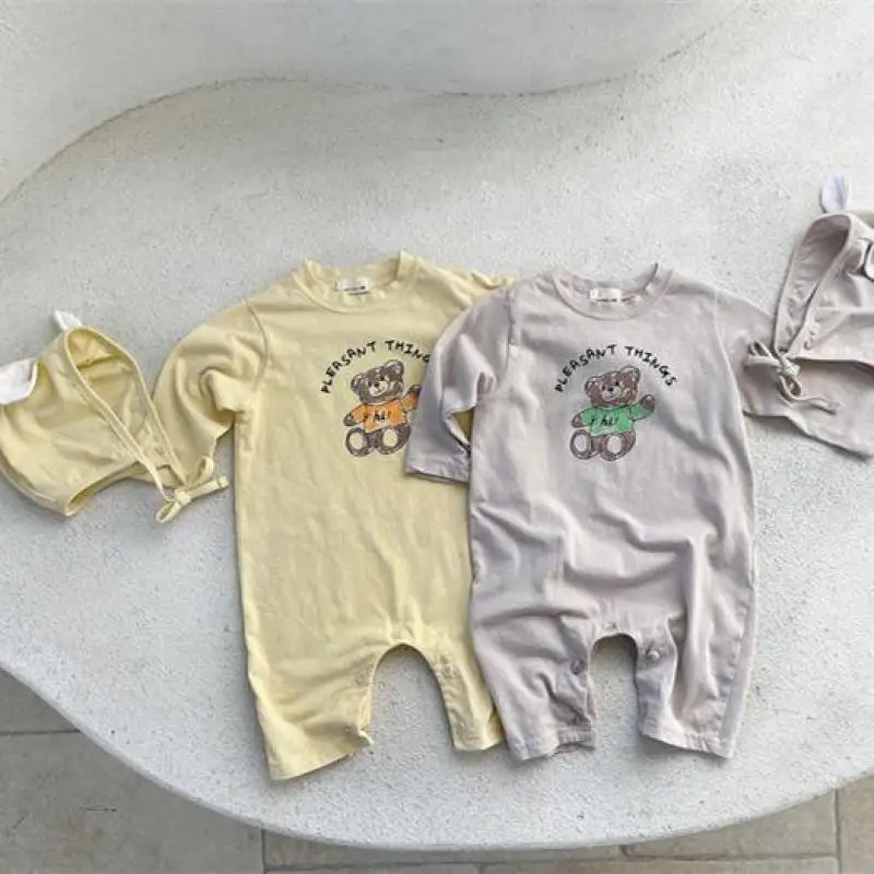 

2022 Spring New Baby Cartoon Romper Newborn Casual Long Sleeve Jumpsuit Cute Bear Print Boys Loose Clothes + Bear Ear Hat