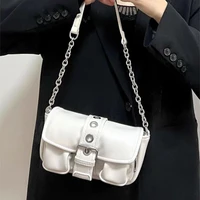 retro chain women small shoulder bags solid color pu leather female underarm bag pockets design y2k cool girls clutch handbags