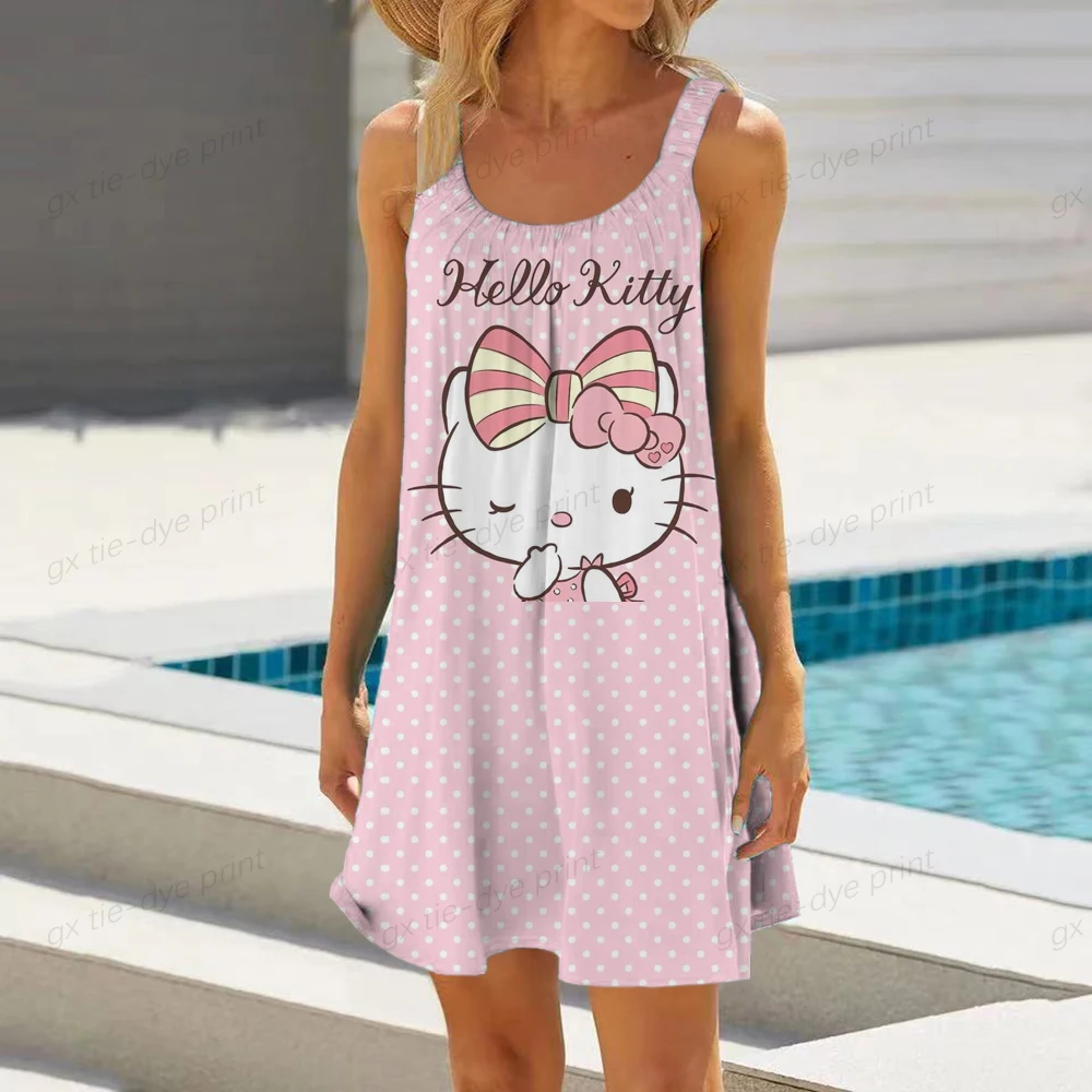 

Женское летнее платье с принтом Hello Kitty, Пляжное мини-платье без рукавов для женщин, повседневный короткий свободный сарафан, женские халаты