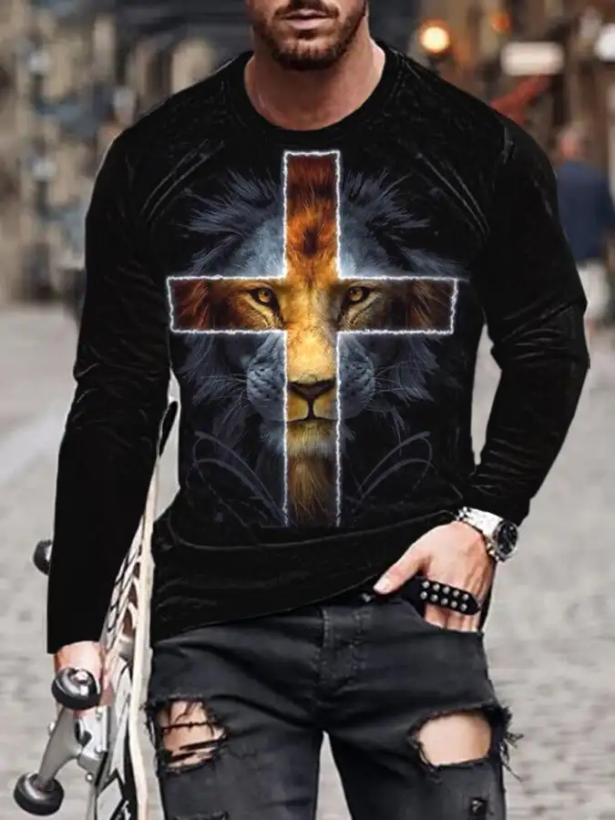 

Men's Lion Cross Print Tee Shirt