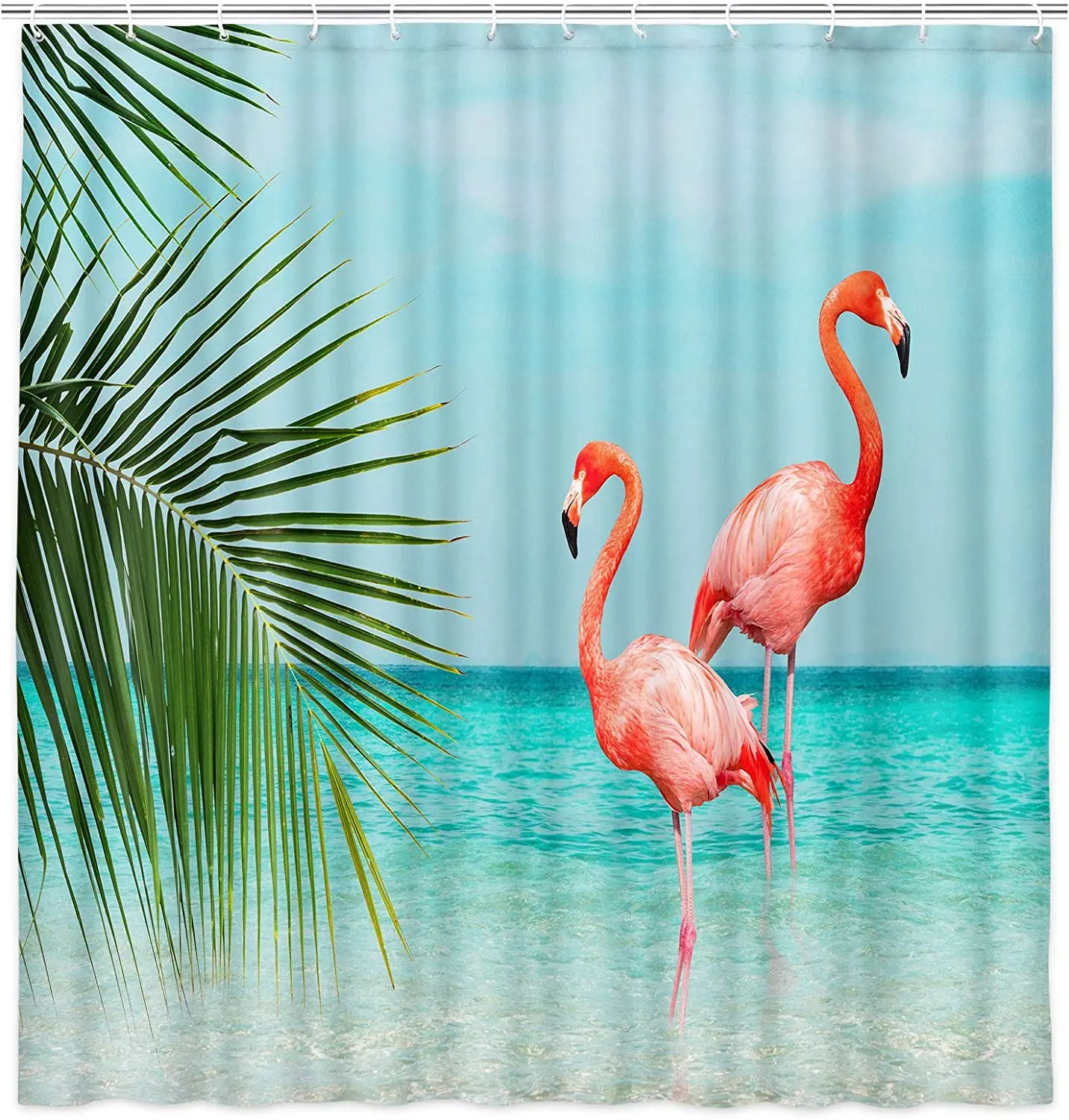 

Flamingo Shower Curtains Ocean Tropical Palm Leaf Flowers Plant Green Leaves Stripes Print Fabric Bathroom Decor with Hooks