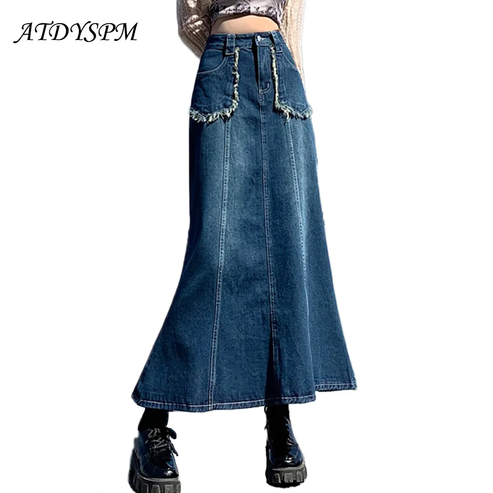 

New 2022 Fashion Vintage Denim Mermaid Skirts Women High Waist Pockets Long Skirt Girls Ladies Streetwear Casual Jeans Skirts