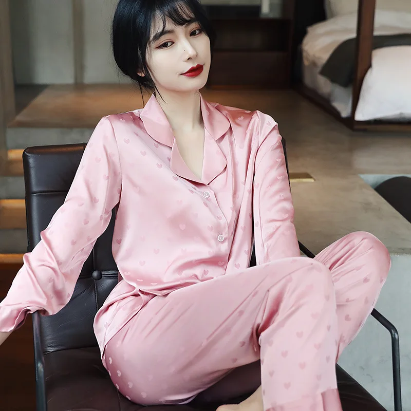 Sexy Spring Summer Pajamas Set New Long-Sleeved Silk Love Jacquard Home Clothes Lapel Shirt Trousers Suit Women Sleepwear