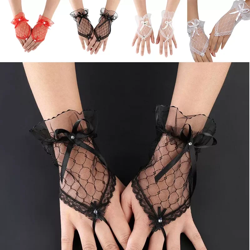 

New in Fingerless White Gloves Beautiful See Through Bowknot Bride Party Gloves 1 Pairs Solid Color Short Gloves Vintage Soft ja