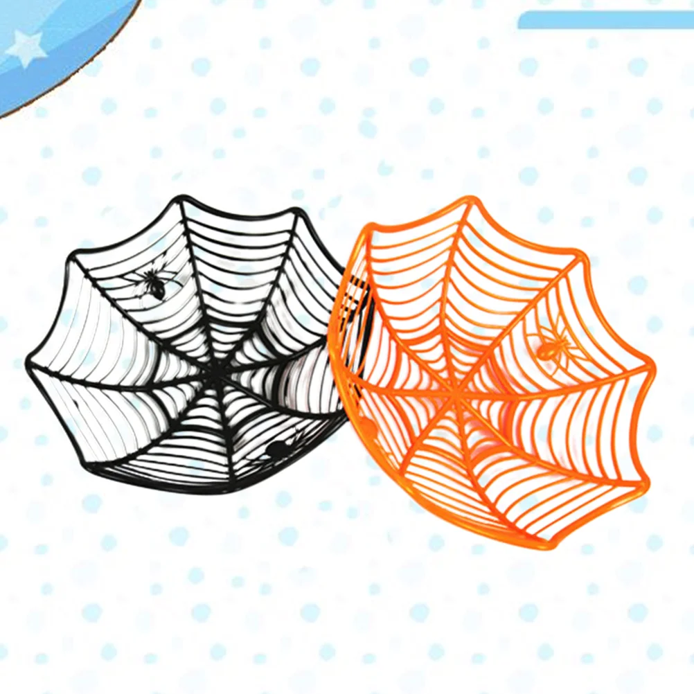 

2pcs Halloween Candies Dish Metal Plastic Spider Web Storage Basket for Party Festival Gathering (Black and Orange)