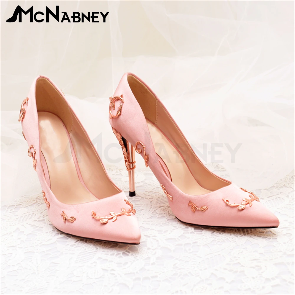 Bridal High Heels Satin Genuine Leather High Heels Luxurious Style Metal Wrapped Heels Novelty Designs Women Pumps Party Shoes