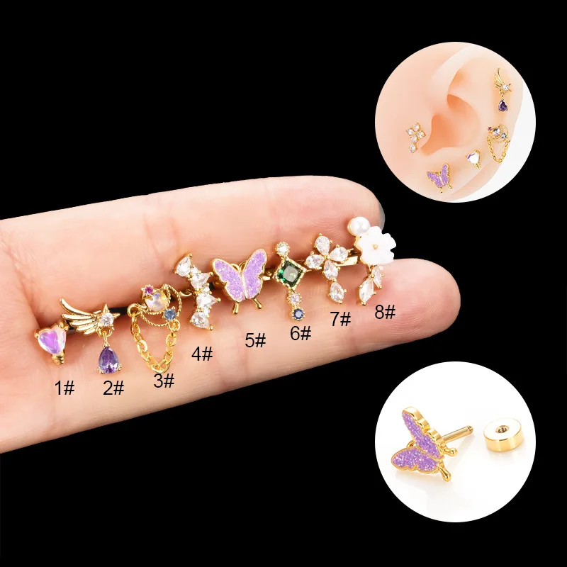 

1Pair 20G Stainless Steel Piercing Cartilage Tragus Earrings Studs Colorful Butterfly CZ Helix Conch Lobe Korean Fashion Jewelry