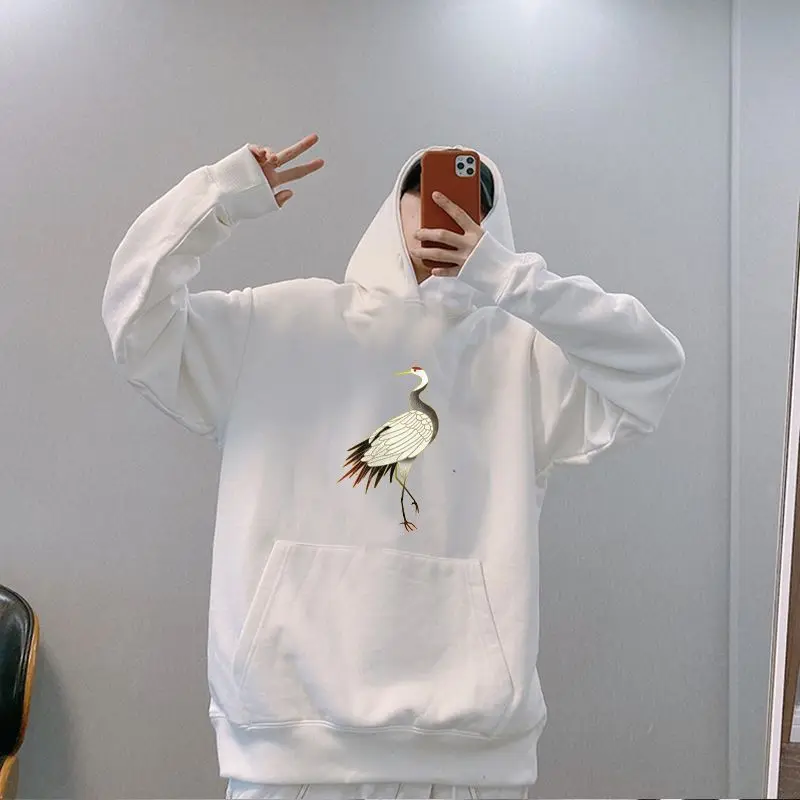 

2023 New China-Chic Crane Graphic Print Loose Fashion Brand Men's Hooded Hoodies Spring Autumn INS Hip Hop Couple Sweatshirts