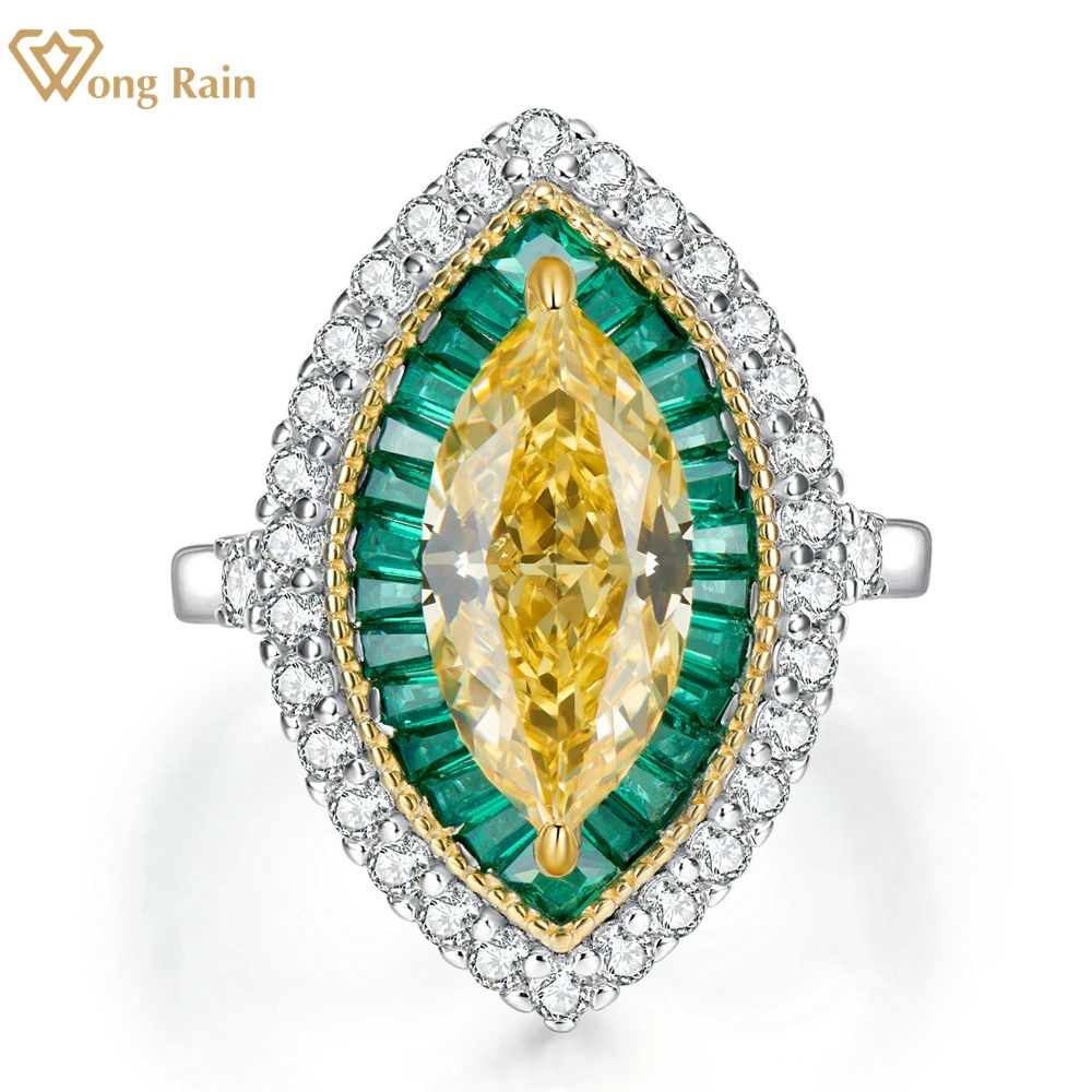 

Wong Rain 100% 925 Sterling Silver Crushed Ice Cut Citrine Emerald High Carbon Diamonds Gemstone Anniversary Ring Fine Jewelry