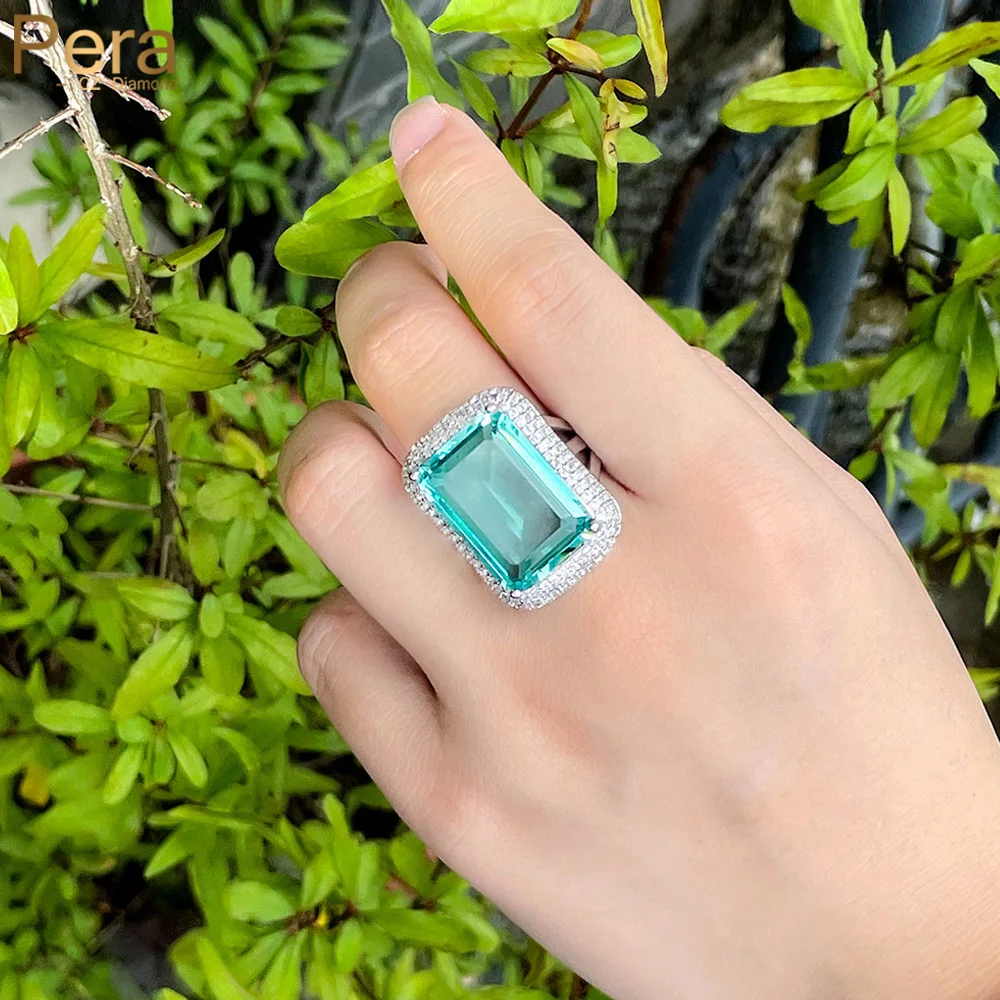 Pera Classic Light Blue Square Cut Crystal Silver Color Big Statement Adjustable Party Rings for Bridal Engagement Jewelry R041