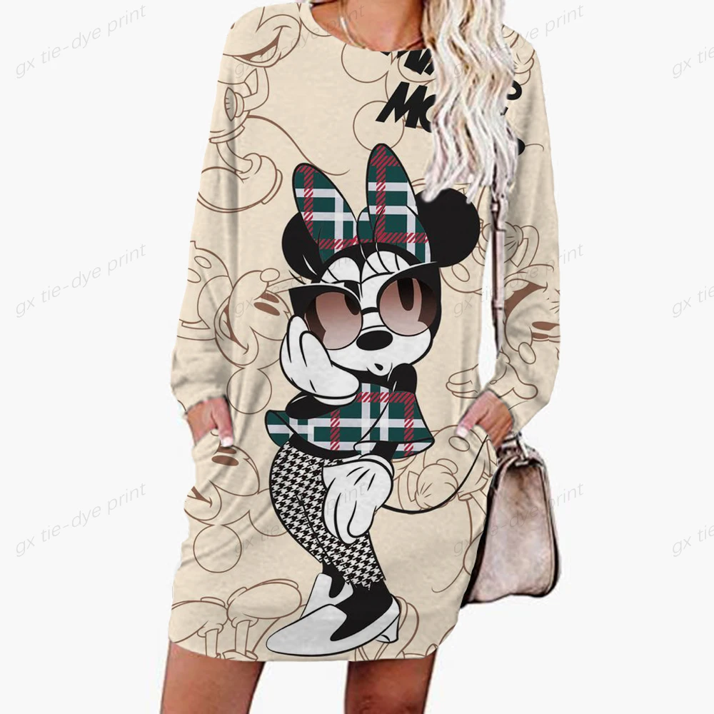 

Disney Minnie Mickey Mouse Autumn Women Hoodie Dress Fashion Sweatshirt Dresses for Women Pocket Hooded Casual Dress Mini Dress