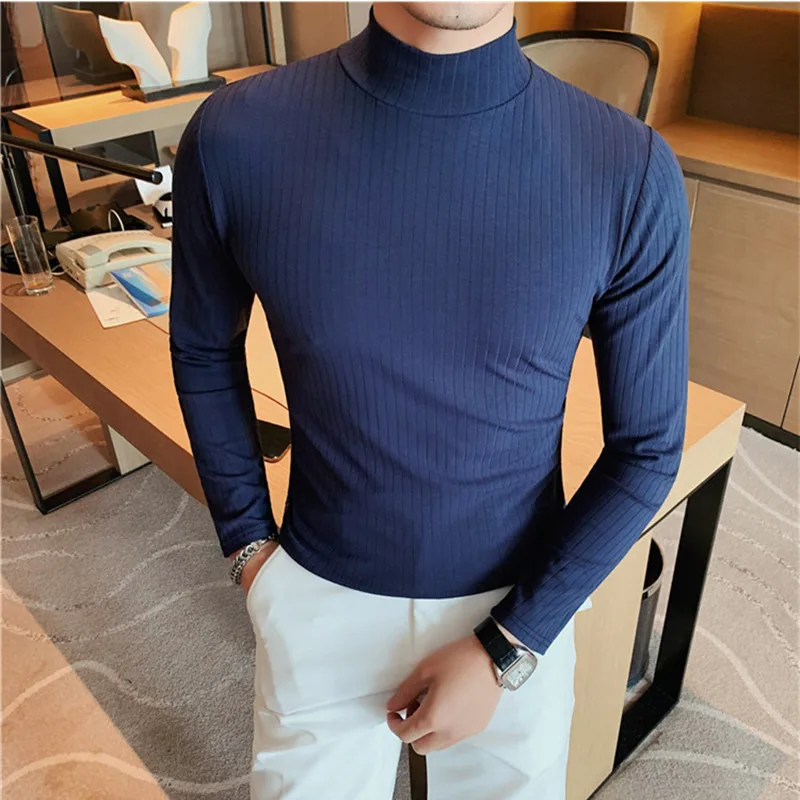 

2022 High Elastic High Collar Long Sleeve T-shirt MenStripe Slim Casual T-shirt Autumn and Winter New Solid Versatile Undercoat