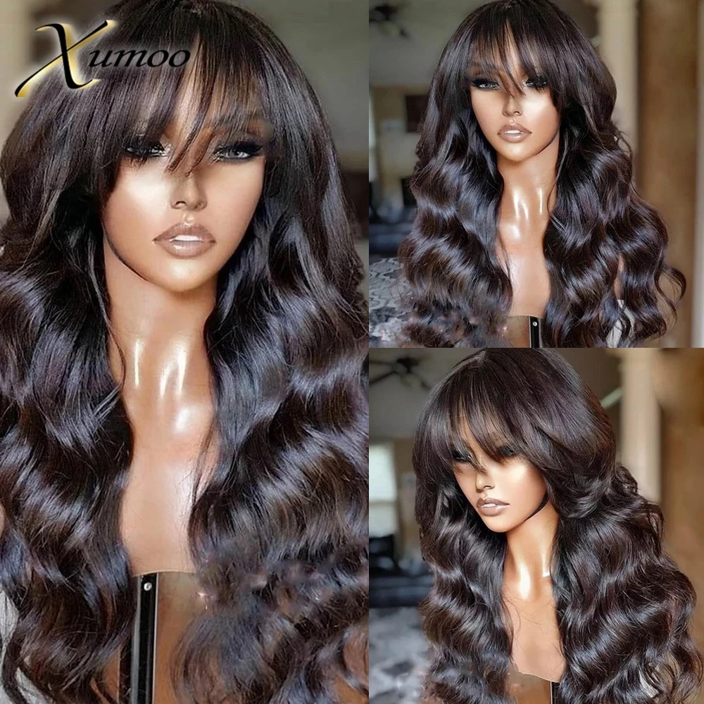 XUMOO Natural Color 13x4 Lace Front Human Hair Wigs With Bangs For Women Brazilian Remy Gluelss Wigs Body Wave PrePlucked