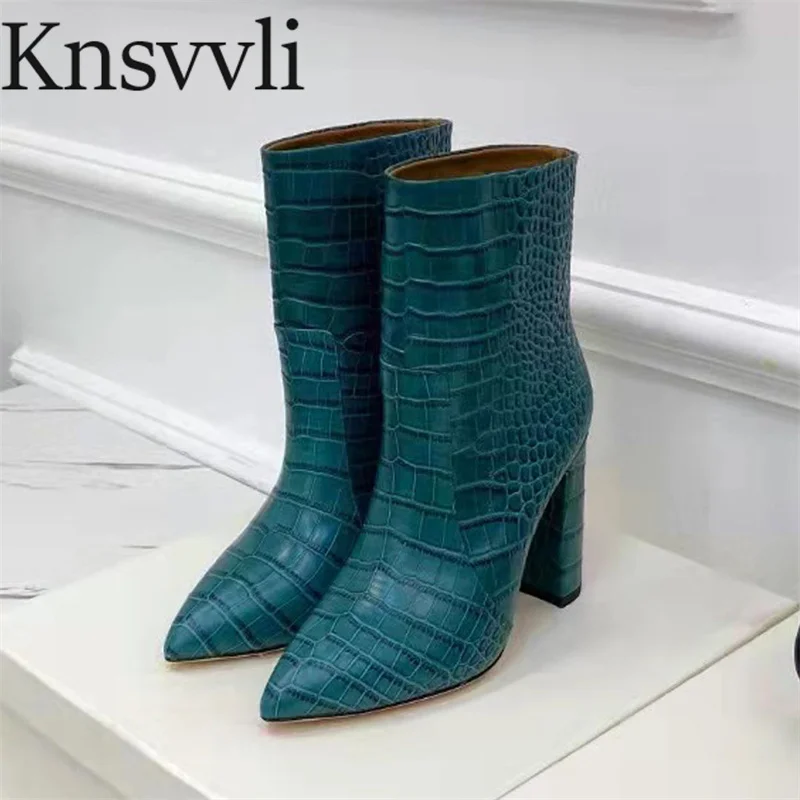 

Martin Boots Women Crocodile Skin Styles Stout heel Boots Designer Ankle Boots Genuine Leather Pointy Toe Slip-On Boots Woman