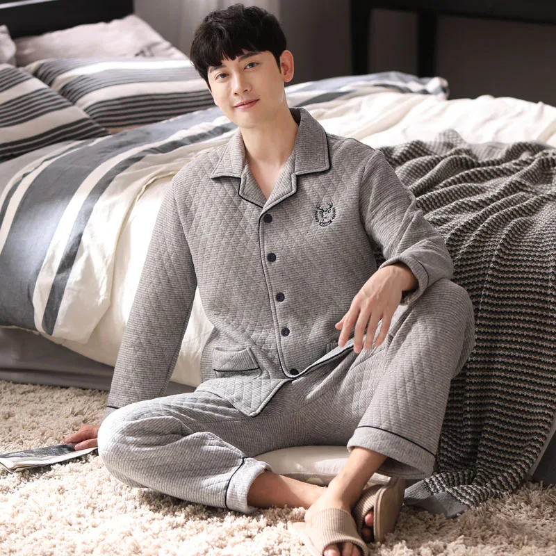 Пижама с длинным рукавом мужская хлопковая сэндвич тонкая стеганая подкладка