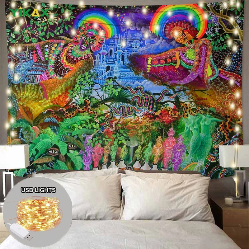 

Arabesque Mysterious Tapestry with Lights Mandala Hippie Psychedelic Witchcraft Tapestries for Bedroom Decor Aesthetic Decor