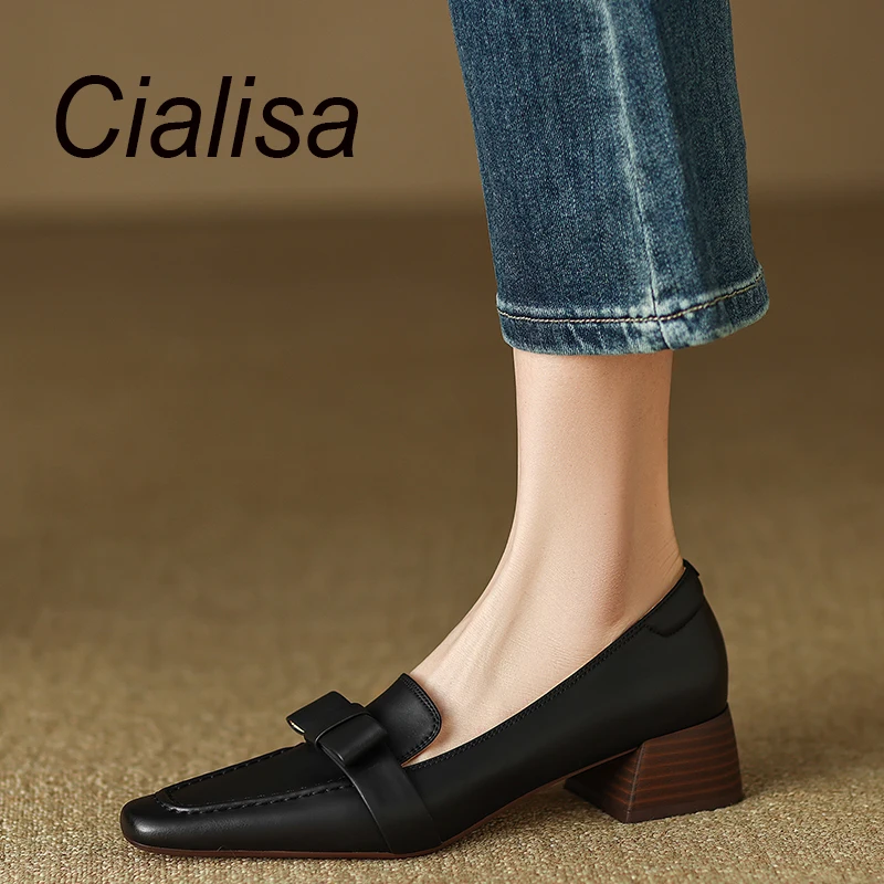 

Женские туфли-лодочки ручной работы Cialisa, винтажные туфли из натуральной кожи на среднем каблуке, с квадратным носком и бантом-бабочкой, вес...