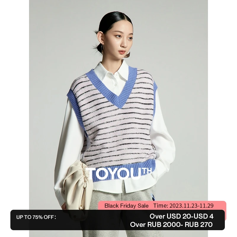 

Toyouth Women Knit Vest 2023 Autumn Sleeveless V Neck Loose Sweater Pink and Blue Stripe Fashion Casual Versatile Knitwear Tops