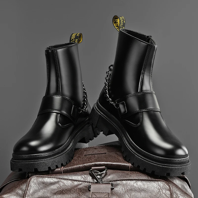 

Hot Ankle Boots Chelsea Boots Men's New Autumn All-match High-Top Black British Men's Thick-Soled Motorcycle Cargo Leather Boots