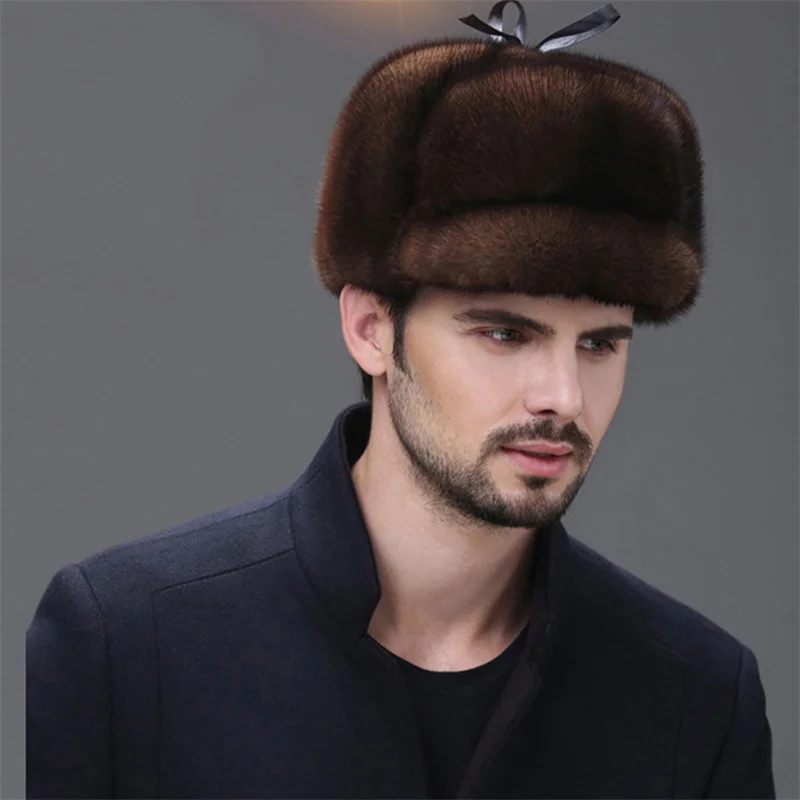 Men's Pilot Cavalry Earmuff Winter Warm Mink Fur Flap Ski Cap New Baseball Cap Russian Ski Cap Mink Fur Men's Cap