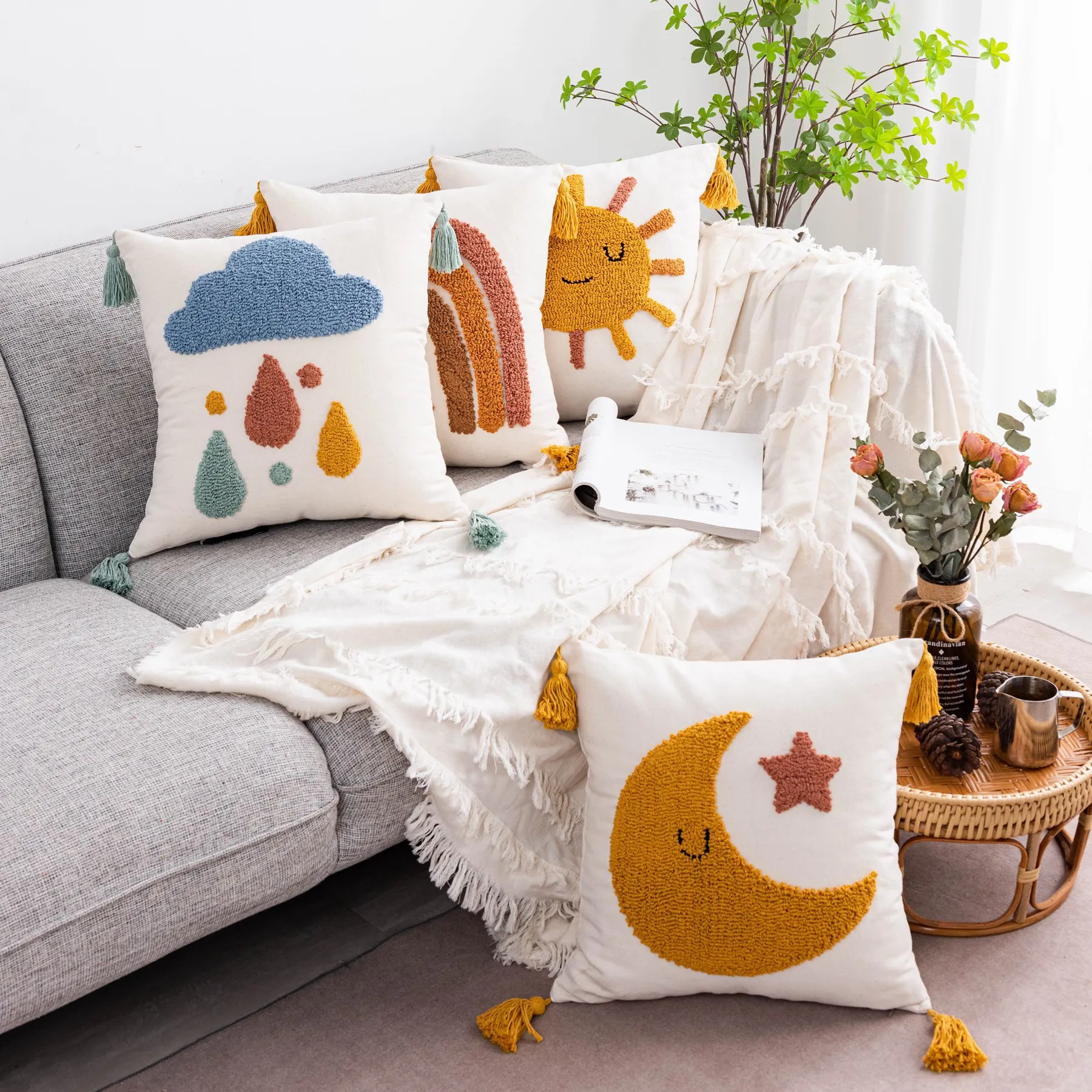 

45X45CM Sun Moon Rainbow Loop Tufted Print Cushion Cover Boho Cotton Linen Cartoon Embroidery Pillow Case Pillows Decor Home