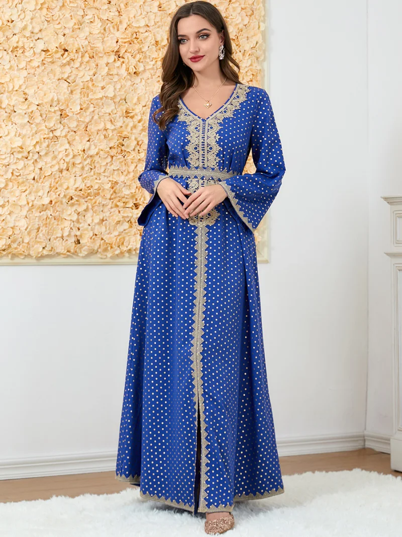 Turkey Dresses For Women Polka Dot Lace Embroidery V-Neck Long Sleeve Elegant A-Line Dress Belted Kaftan Muslim Women Clothing