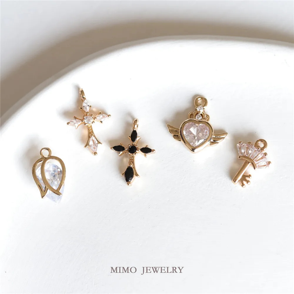 

Zircon Single Hanging Cross Flower Bud Love Key Charm Pendants 14K Gold Plated Brass Jewelry Making Supplies Diy Accessories