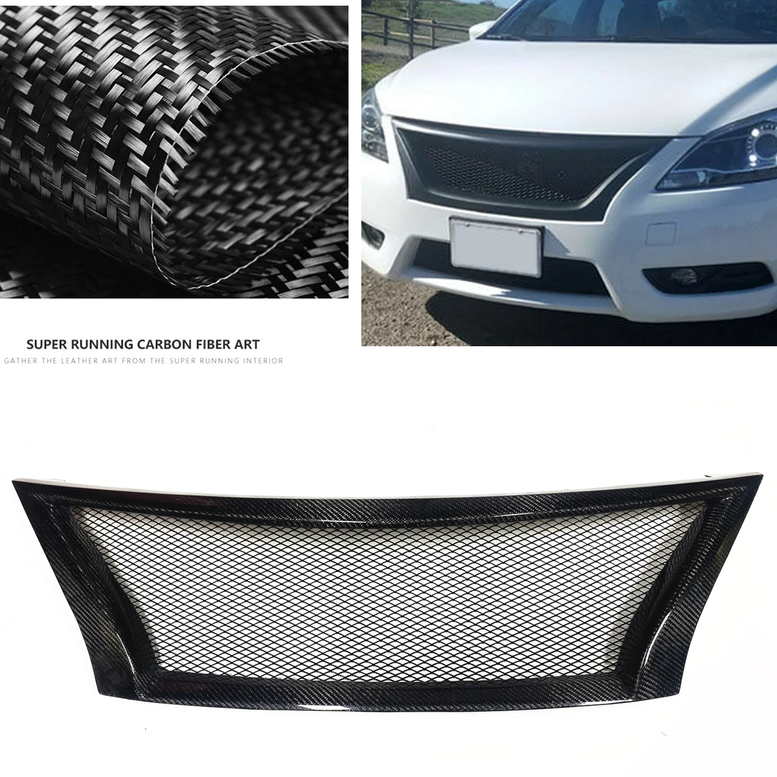 

Гоночные решетки для Nissan Sentra 2013-2015, передняя решетка, сотовый стиль, настоящее углеродное волокно/стекловолокно, верхний бампер, фоторешетка