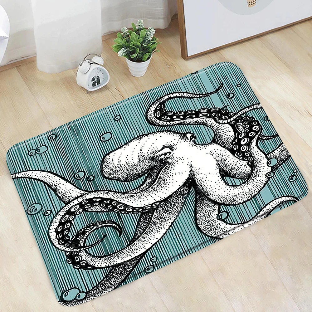 Ocean Animal Doormat Creative Octopus Bathroom Mat Blue Stripe Abstract Art Home Floor Decor Non-Slip Rug Kitchen Doorway Carpet