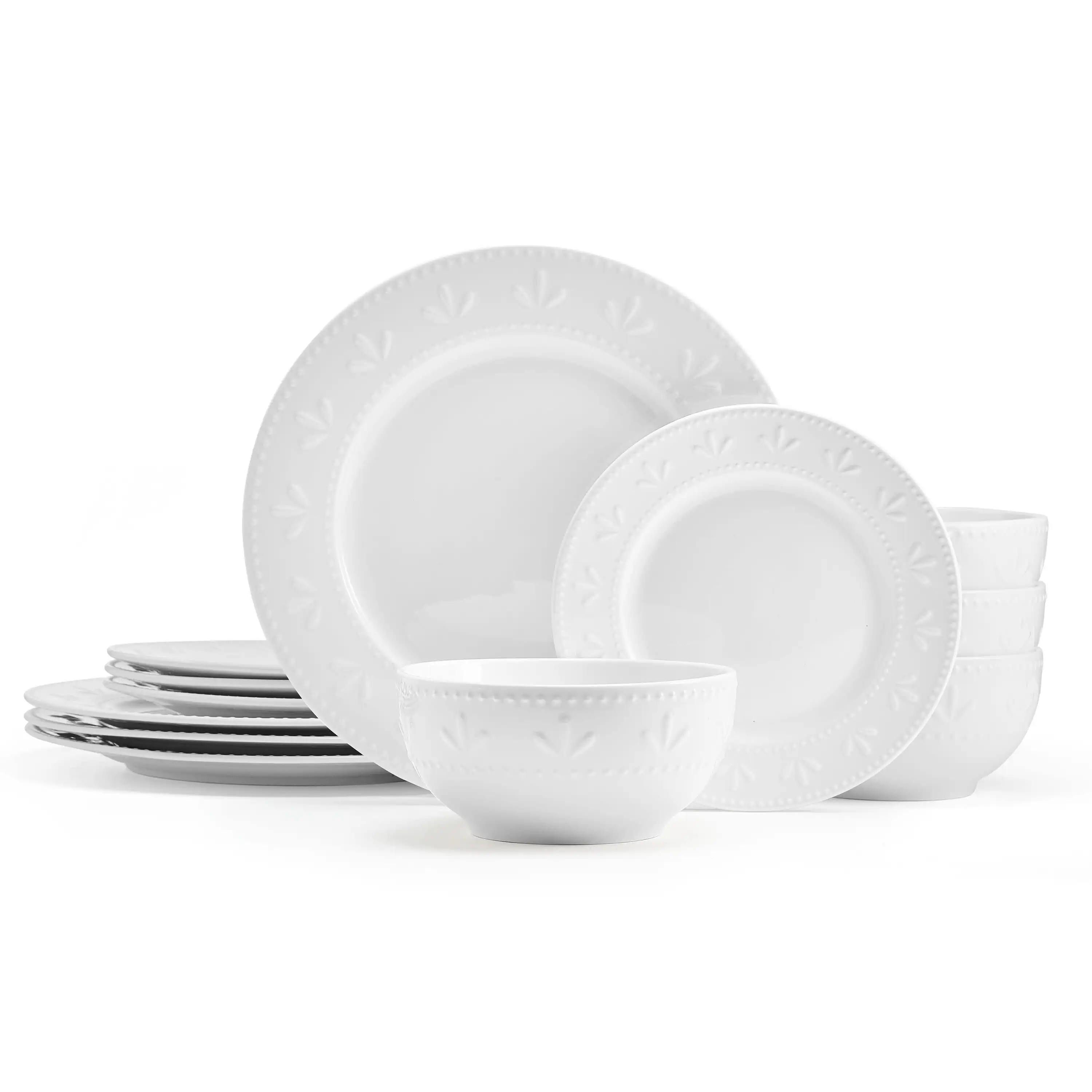 

12-Piece Dinnerware Set Embossed Porcelain in White