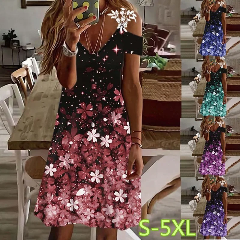 

Women's Lace Shift Dress Spring Summer V-Neck Fashion Casual Skirt 2022 Ladies Blue Off Shoulder Floral Print Knee-Length Dress