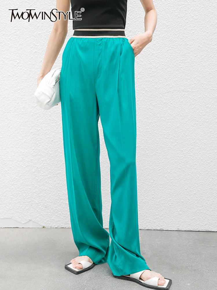 

TWOTWINSTYLE Casual Solid Long Pants For Women High Waist Patchwork Pockets Loose Straight Trousers Female Spring Clothing Style