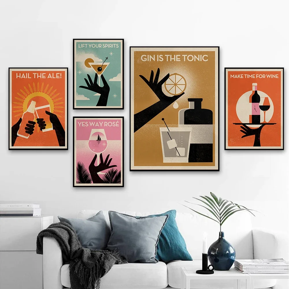 

Постеры в скандинавском стиле с джином-тонизирующим рисунком времени для вина, Картина на холсте с мотивами жизни и духов, настенные картины, декор для гостиной