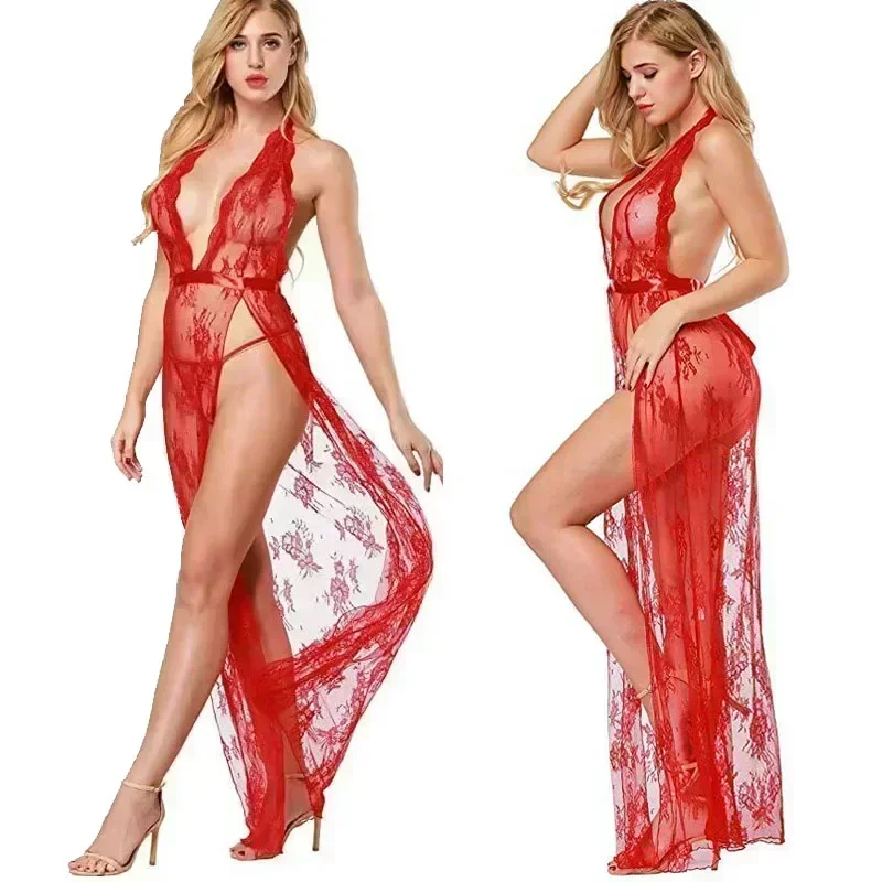 Сексуальная одежда для сна взрослых костюм с лямкой на шее длинное платье