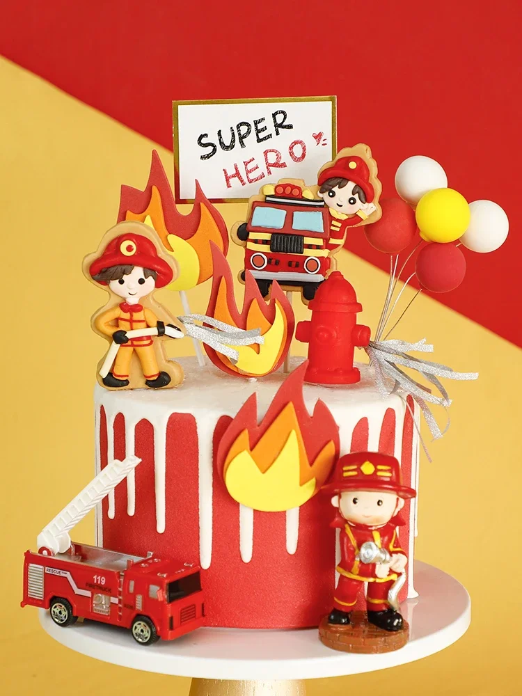 

Cartoon Boy Fire truck Doll Ornaments Cake Topper Children's Birthday Party Extinguishing Party Decoration Cakes Baking