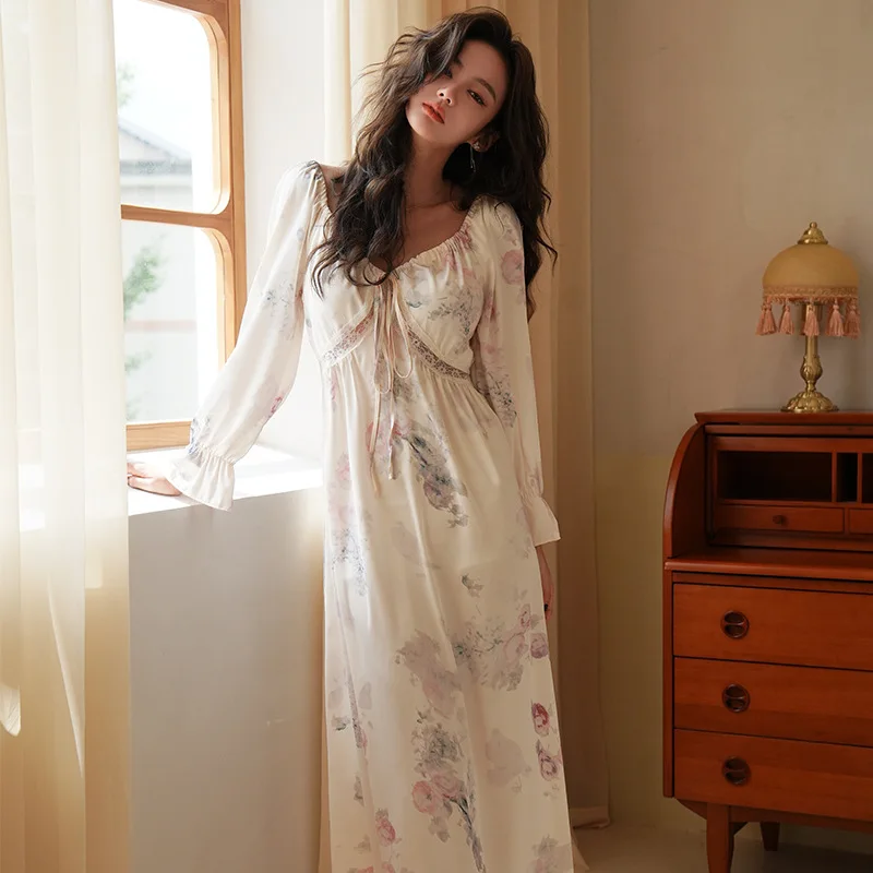 

Sexy V-Neck Home Dressing Gown Elegant Long Nightdress Print Flower Court Style Nightwear Lace Nightgown Women Sleepwear
