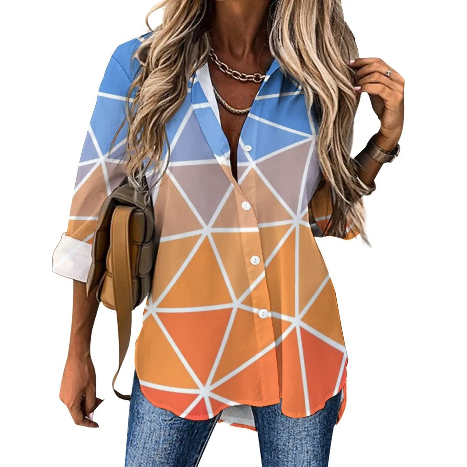 

Женская офисная блузка с длинным рукавом и геометрическим принтом