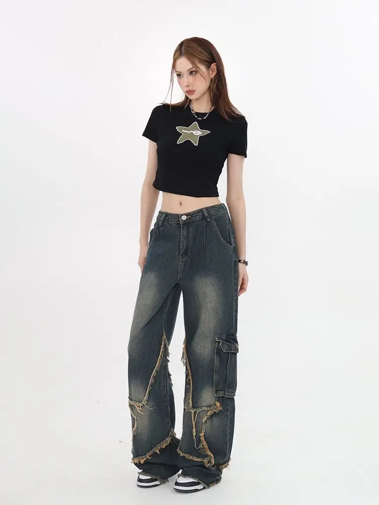 HOUZHOU Vintage Women Cargo Jeans Baggy Star Girl Y2k Grunge 90s Aesthetic Gyaru Denim Trousers Korean Streetwear Hippie Pants