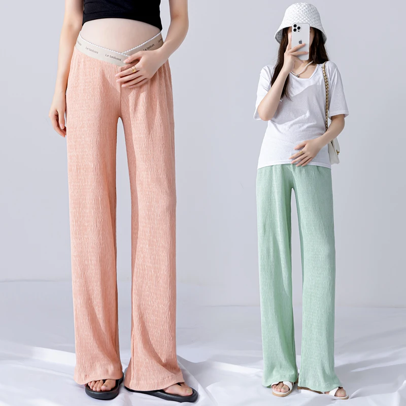 

8306# Summer Casual Cool Maternity Full Long Pants Low Waist Belly Trousers Clothes for Pregnant Women Wide Leg Loose Pregnancy