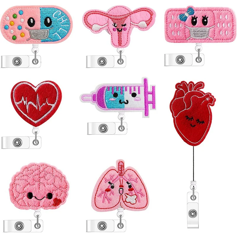 

8Pcs Felt Nurse Badge Reel Retractable Badge Holder Clip Brain Heart Lung ID Badge Reel For Nurse Teacher Student