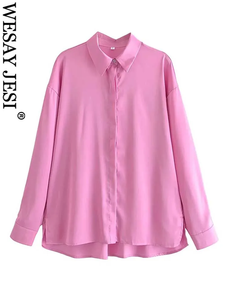 

WESAY JESI Elegant Intellectual Long Sleeve Shirt Solid Pink Satin Chiffon Button Lapel Casual Loose Versatile Fashion Blouse