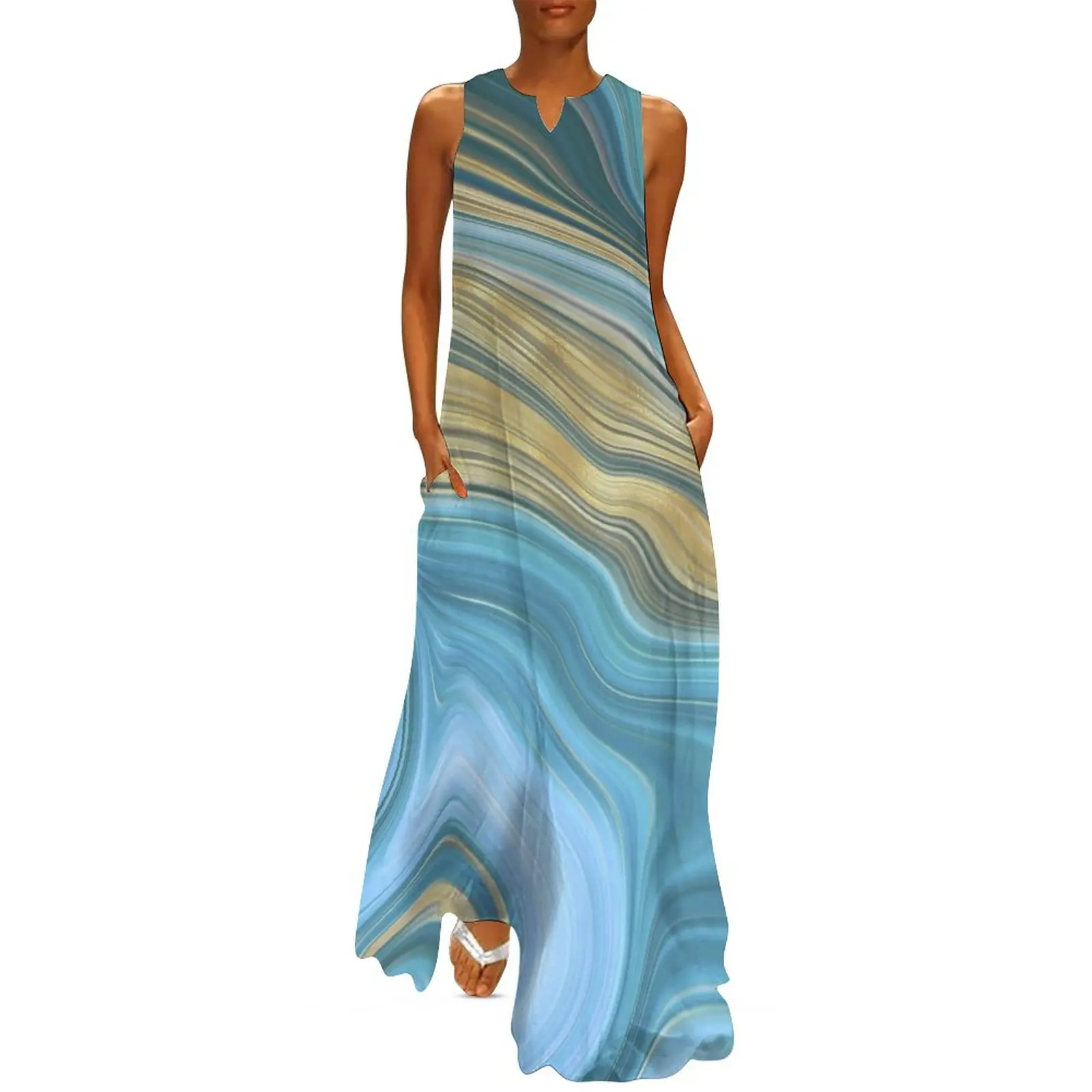 

Платье-Макси женское с мраморным принтом, длинное пляжное модное уличное платье золотистого и синего цвета в стиле бохо, для ночного клуба, индивидуальный пошив, большой размер 5XL, на лето