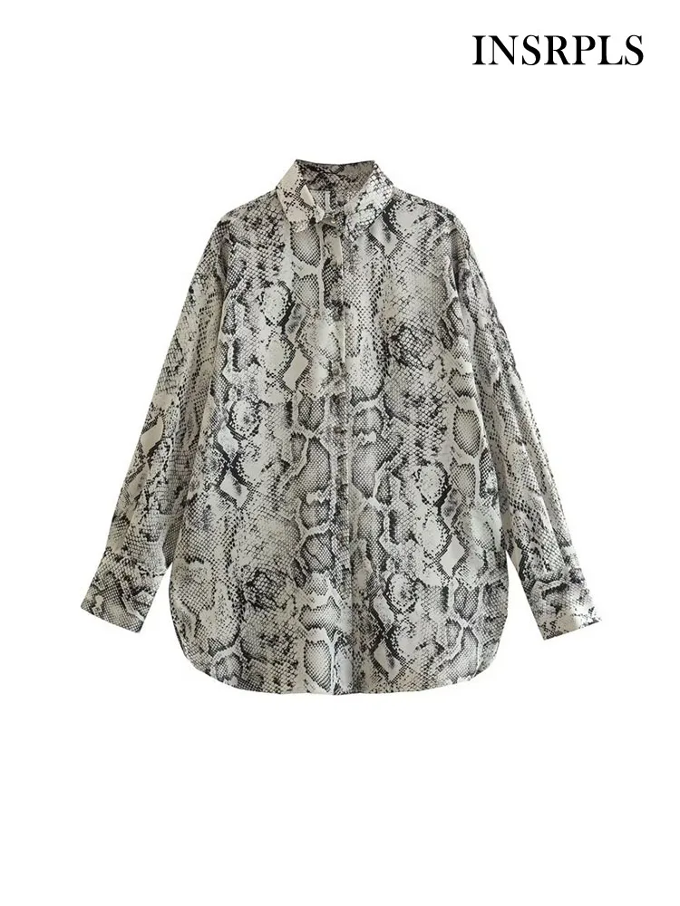 

INSRPLS Women Fashion Oversized Snake Print Shirts Vintage Long Sleeve Button-up Female Blouses Blusas Chic Tops