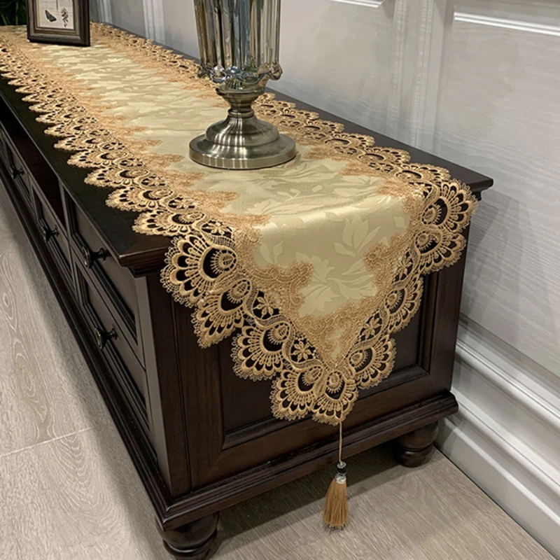 Lace Table Runner Embroidered TV Cabinet Tablecloth Decoration for Home Lace Pendant Tassel Dresser Table Flag Dust Cover
