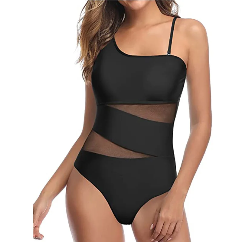 

OEING Sheer Mesh Patchwork One Piece Swimwear Push Up Women Swimsuit Female Bodysuit Bathing Suit Beach Style Monokini 2022